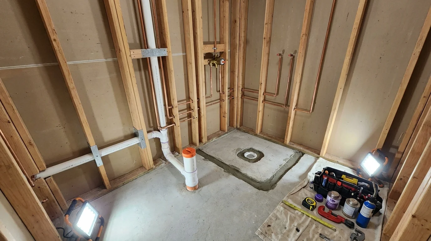 Bathroom rough-in plumbing during remodel by Johns Plumbing LLC in Green Valley