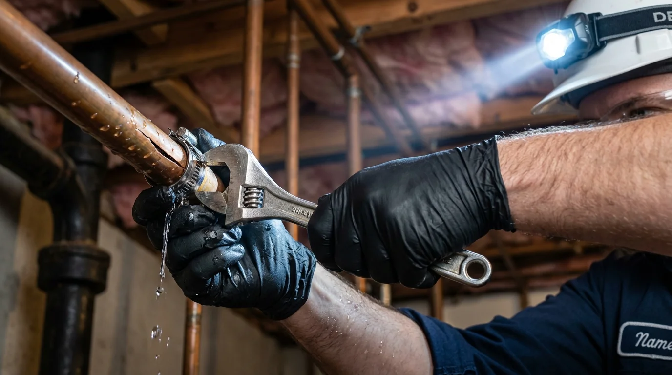 Emergency pipe clamp repair being performed by a Johns Plumbing LLC plumber in Green Valley