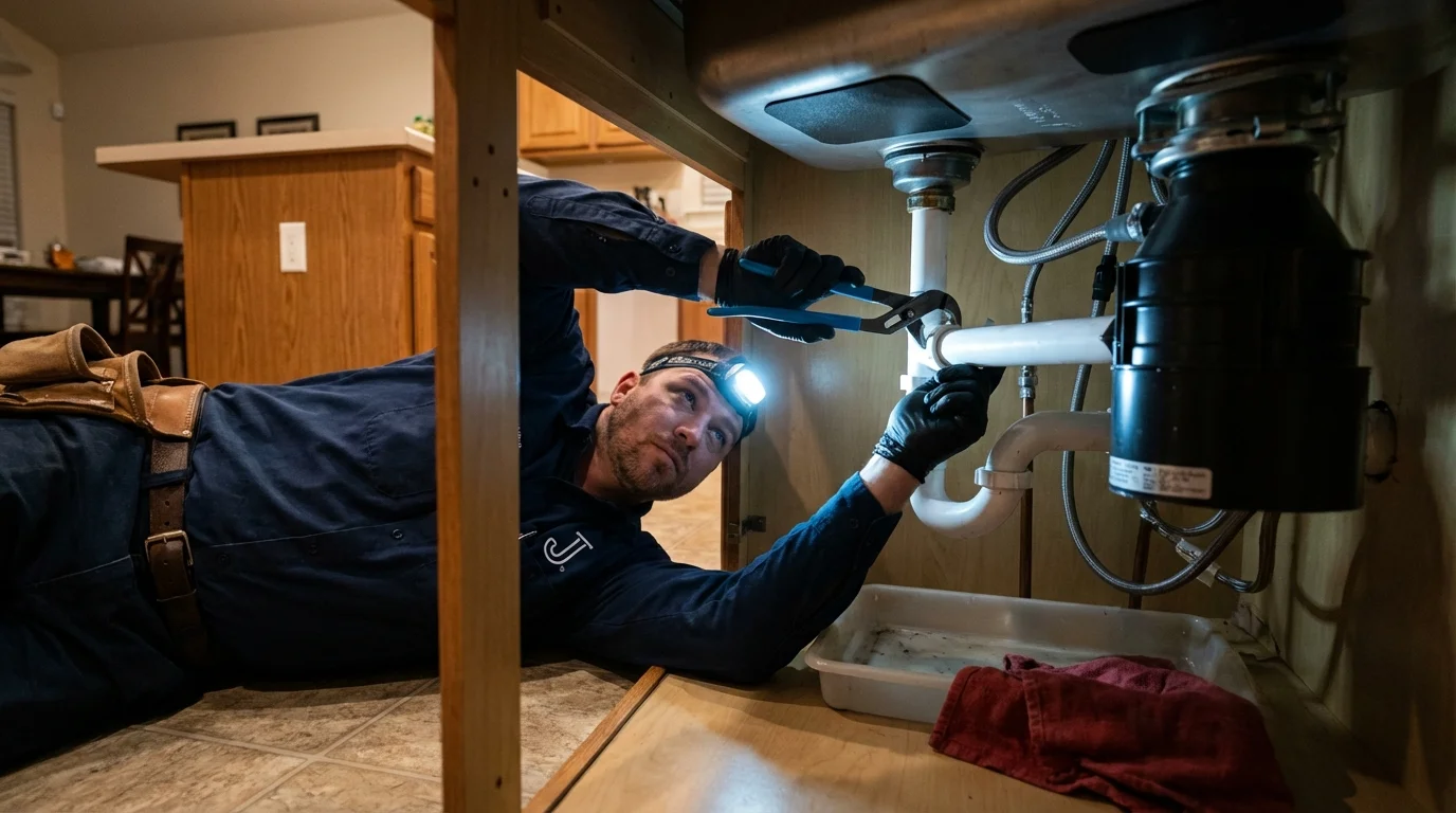 P-trap and supply line connections under a kitchen sink showing a common leak point in Green Valley, AZ